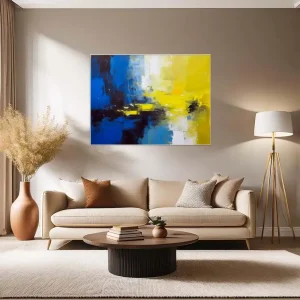 Abstract painting in blue and yellow with contrasting composition and distinctive structure.