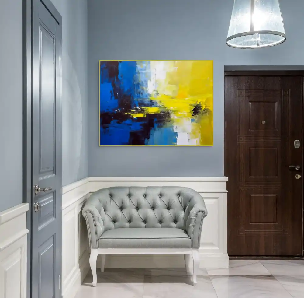 CONTRASTS - ABSTRACT IMAGE (AAA 135) 5 Abstract painting in blue and yellow with contrasting composition and distinctive structure.