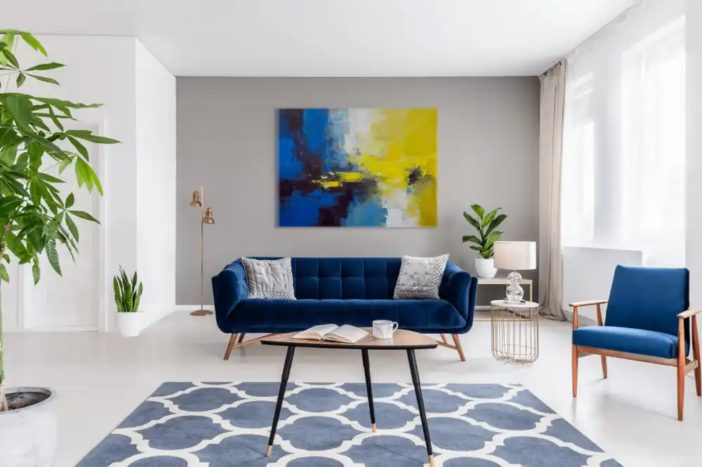 CONTRASTS - ABSTRACT IMAGE (AAA 135) 6 Abstract painting in blue and yellow with contrasting composition and distinctive structure.