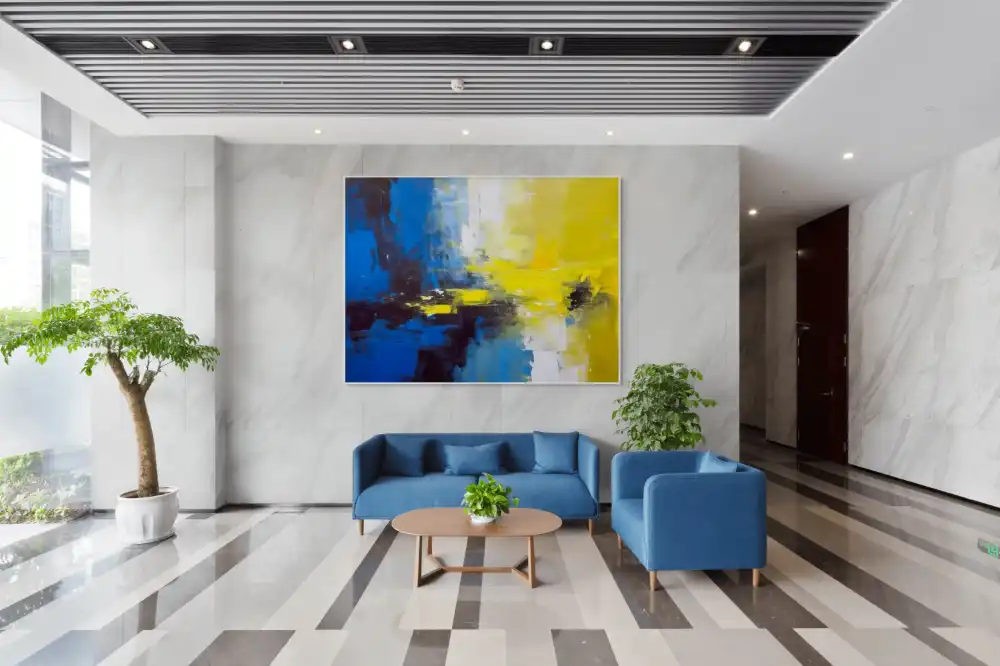 CONTRASTS - ABSTRACT IMAGE (AAA 135) 8 Abstract painting in blue and yellow with contrasting composition and distinctive structure.