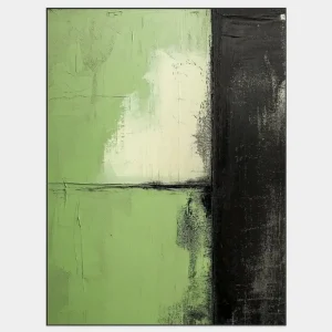 The abstraction combines green, white and black surfaces in a uniform geometric composition for a balanced effect.