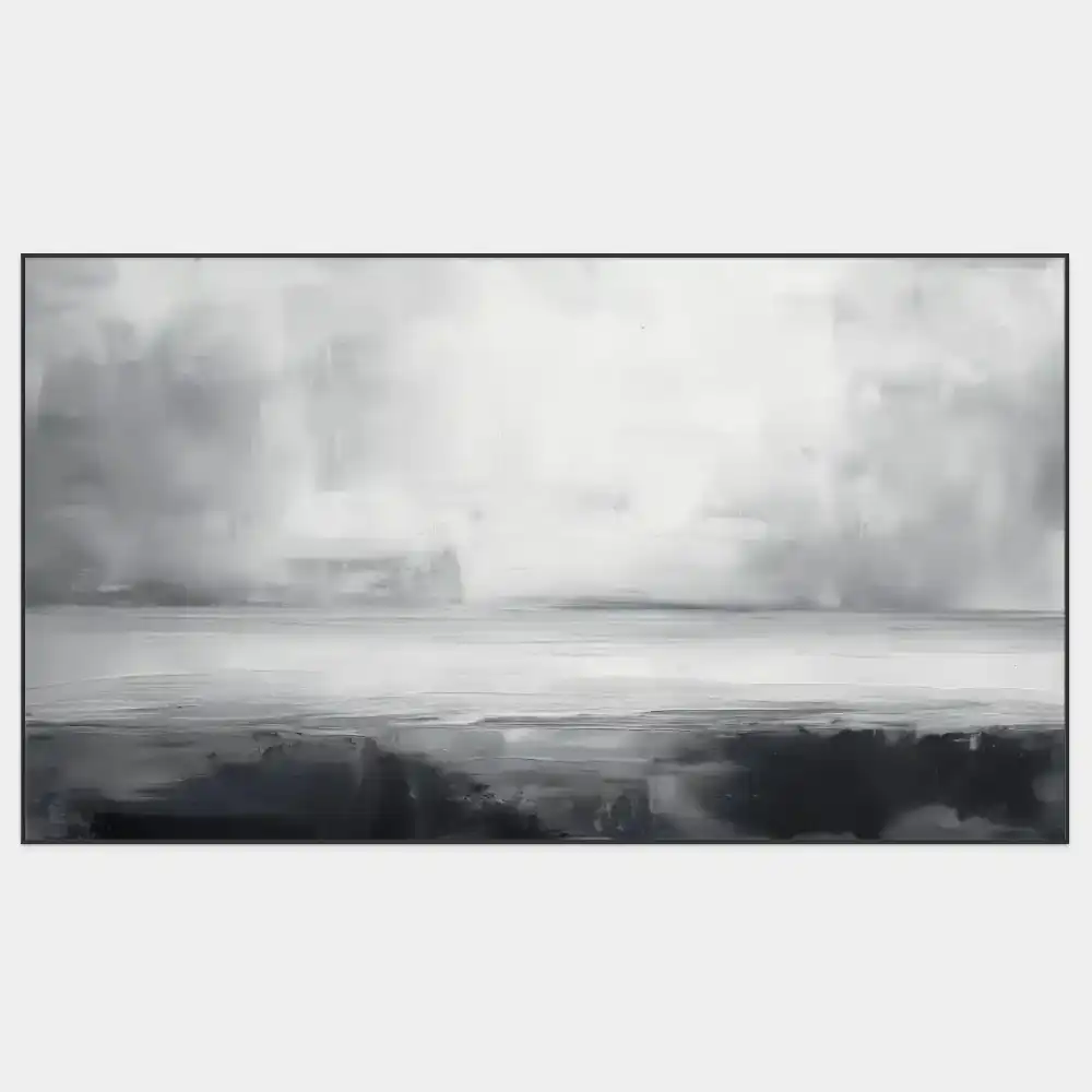 LEERE – ABSTRAKTES BILD (GAA 169) 1 Das abstrakte Acrylbild in Schwarz-Weiß zeigt eine friedliche Landschaft mit subtilen Übergängen zwischen dunklen und hellen Tönen.