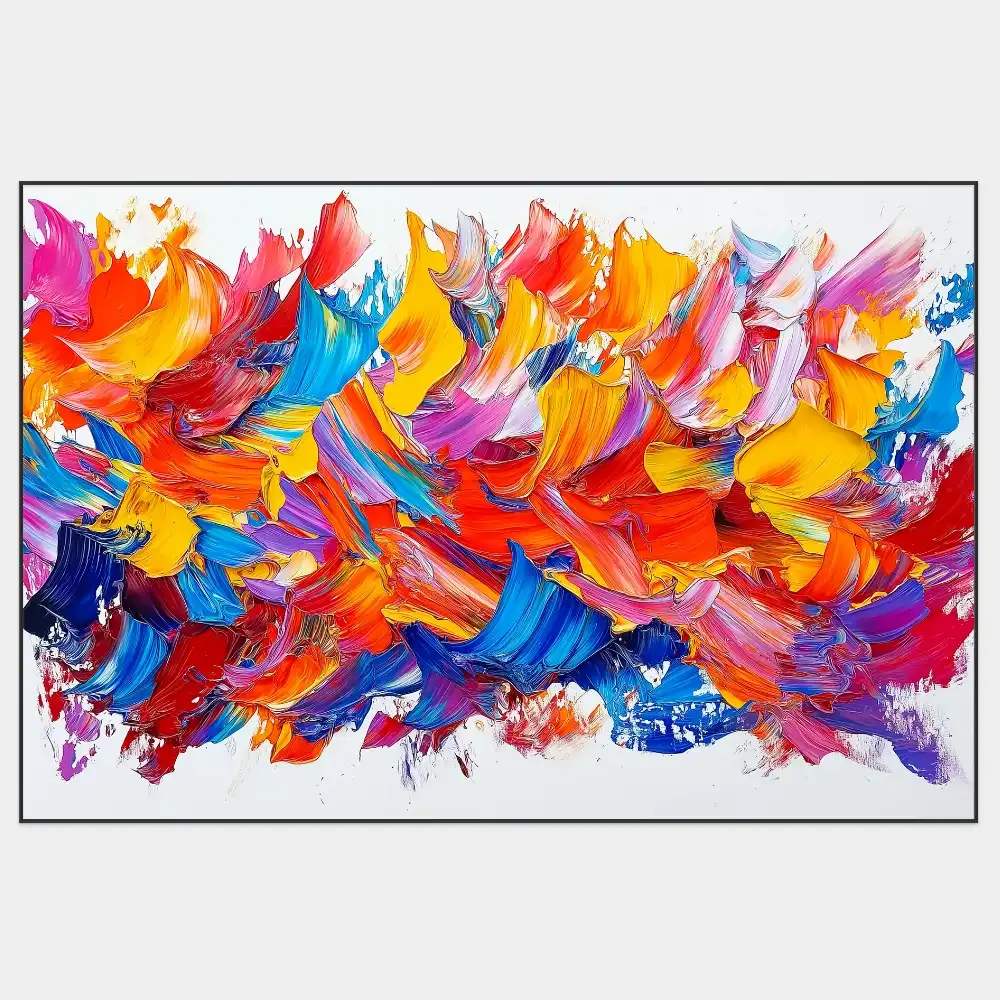 PLAMENY RADOSTI - ABSTRAKTNÍ OBRAZ (AAA 118) 1 Abstract acrylic painting with dynamic strokes in vivid colours on a white ground.