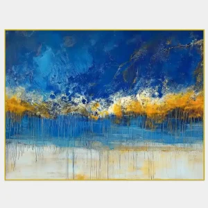 Abstract painting of a stormy sky with dynamic brush strokes and blue-gold composition