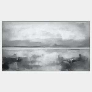 Abstract painting in black and white creates the impression of a distant landscape with strong contrasts and subtle transitions.