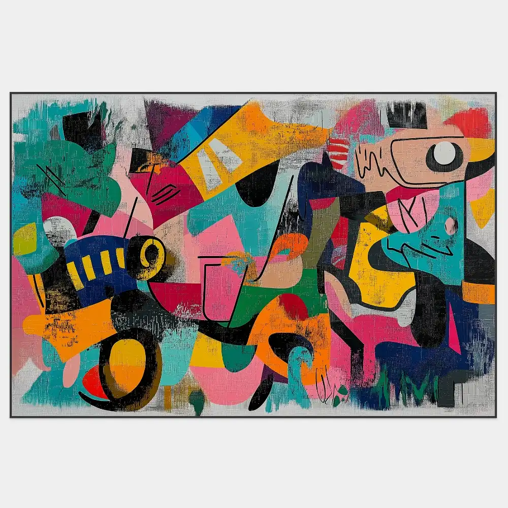 RHYTHM OF THE CITY - ABSTRACT PAINTING (DAA 118) 1 Abstract painting full of bright colours and expressive geometric shapes.