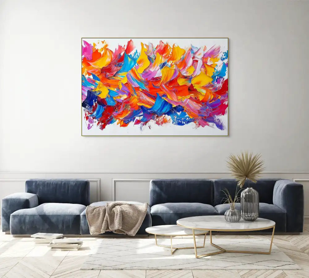 PLAMENY RADOSTI - ABSTRAKTNÍ OBRAZ (AAA 118) 3 Abstract acrylic painting with dynamic strokes in vivid colours on a white ground.