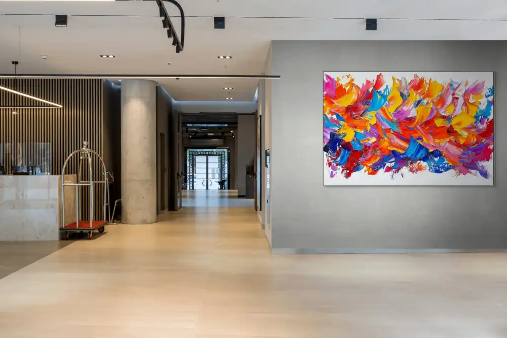 PLAMENY RADOSTI - ABSTRAKTNÍ OBRAZ (AAA 118) 4 Abstract acrylic painting with dynamic strokes in vivid colours on a white ground.