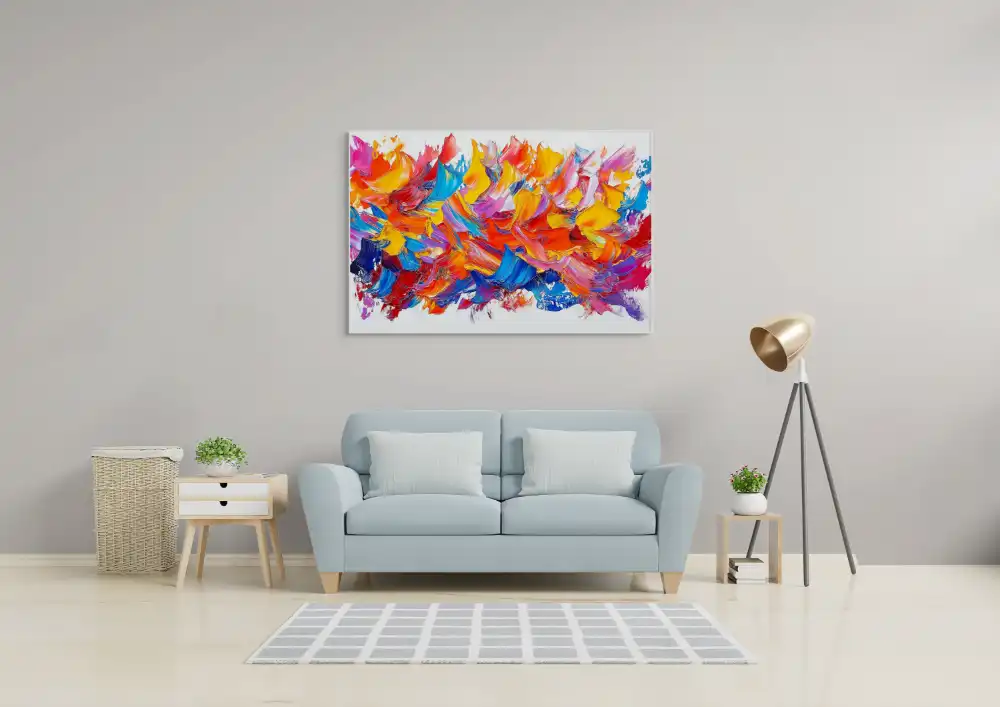 PLAMENY RADOSTI - ABSTRAKTNÍ OBRAZ (AAA 118) 6 Abstract acrylic painting with dynamic strokes in vivid colours on a white ground.