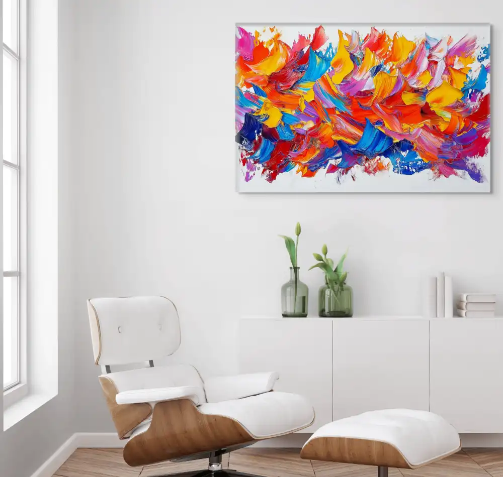 PLAMENY RADOSTI - ABSTRAKTNÍ OBRAZ (AAA 118) 8 Abstract acrylic painting with dynamic strokes in vivid colours on a white ground.