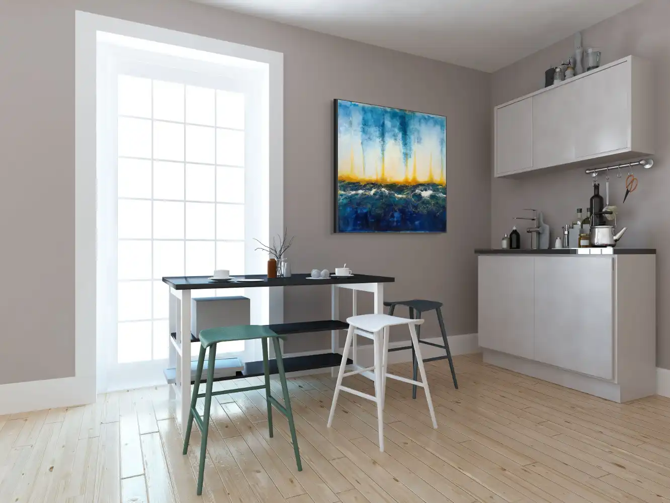 ERUPCE - ABSTRAKTNÍ OBRAZ (AAA 146) 12 Abstraktní obraz v odstínech modré zachycuje energický pohyb mořské hladiny s jemnými zlatými akcenty.