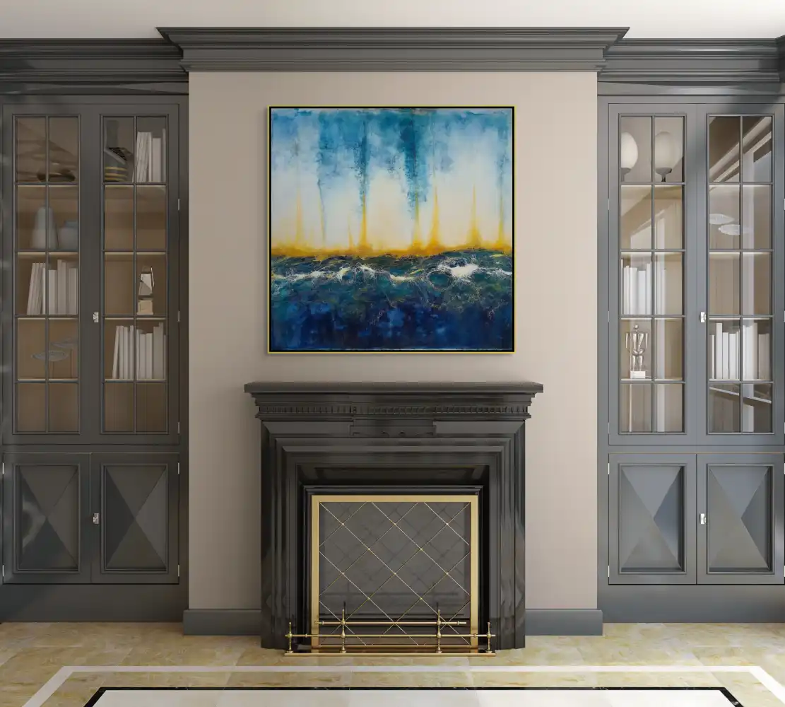 ERUPCE - ABSTRAKTNÍ OBRAZ (AAA 146) 5 Abstraktní obraz v odstínech modré zachycuje energický pohyb mořské hladiny s jemnými zlatými akcenty.