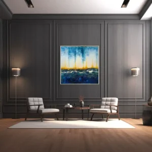 Abstraktní obraz v odstínech modré zachycuje energický pohyb mořské hladiny s jemnými zlatými akcenty.