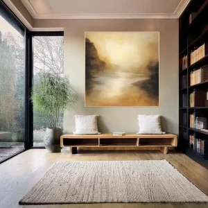 This modern wall painting depicts a dreamy landscape with soft light and natural tones.