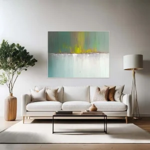 The abstract painting in green and white looks calm and organic thanks to the vertical strokes.
