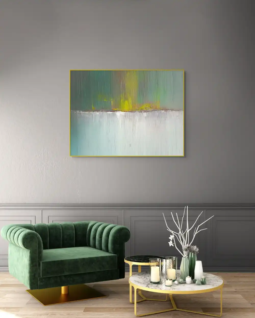 JARNÍ OZVĚNA - ABSTRAKTNÍ OBRAZ (AAA 166) 4 Obraz abstraktní v zelenobílé barvě působí klidně a organicky díky vertikálním tahům.