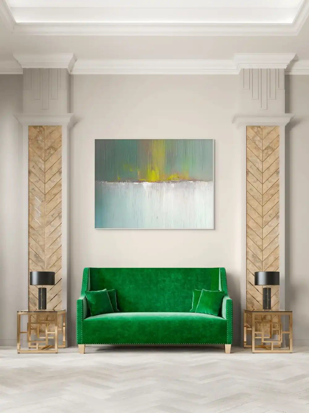 JARNÍ OZVĚNA - ABSTRAKTNÍ OBRAZ (AAA 166) 5 Obraz abstraktní v zelenobílé barvě působí klidně a organicky díky vertikálním tahům.
