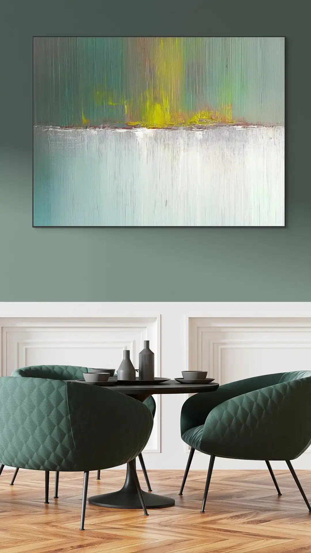 JARNÍ OZVĚNA - ABSTRAKTNÍ OBRAZ (AAA 166) 6 Obraz abstraktní v zelenobílé barvě působí klidně a organicky díky vertikálním tahům.