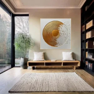 Geometric abstraction with gold accents and a sculptural circular motif in a light field.