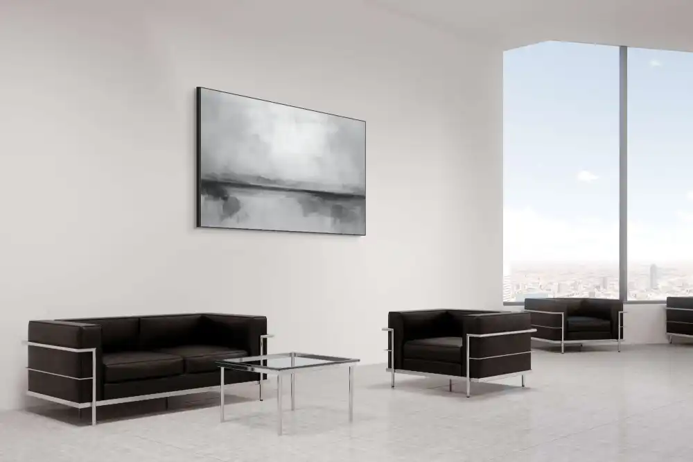 SCHLEIER – ABSTRAKTES BILD (AAA 169) 5 Das abstrakte Schwarz-Weiß-Bild auf Leinwand erinnert an eine neblige Landschaft mit einem Horizont im Hintergrund.