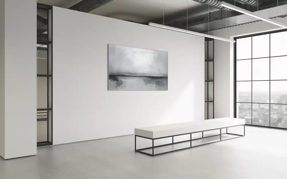 SCHLEIER – ABSTRAKTES BILD (AAA 169) 6 Das abstrakte Schwarz-Weiß-Bild auf Leinwand erinnert an eine neblige Landschaft mit einem Horizont im Hintergrund.