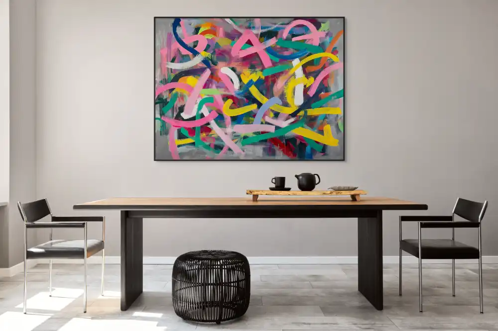 RHAPSODY OF COLOURS - ABSTRACT PAINTING (BAA 118) 3 Abstract painting on canvas with strong colour strokes and grey background.