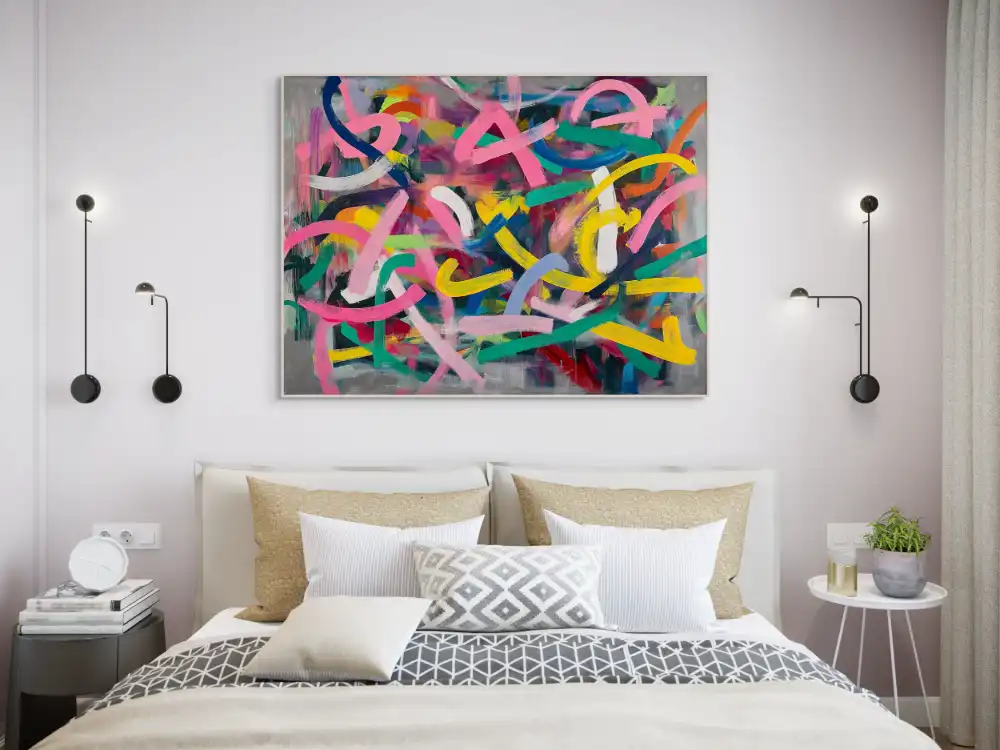 RHAPSODY OF COLOURS - ABSTRACT PAINTING (BAA 118) 4 Abstract painting on canvas with strong colour strokes and grey background.