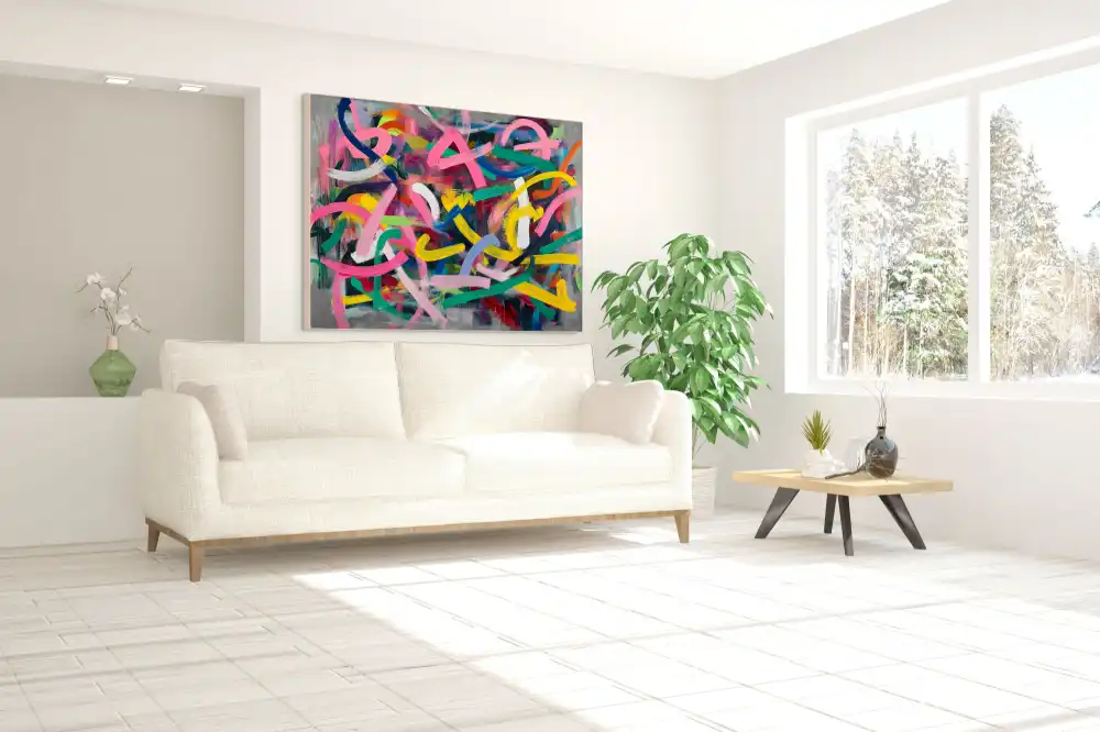 RHAPSODY OF COLOURS - ABSTRACT PAINTING (BAA 118) 5 Abstract painting on canvas with strong colour strokes and grey background.