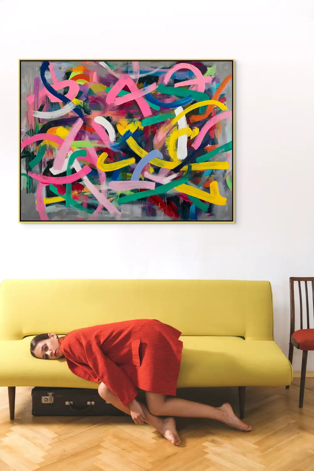 RHAPSODY OF COLOURS - ABSTRACT PAINTING (BAA 118) 6 Abstract painting on canvas with strong colour strokes and grey background.