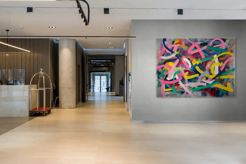 RHAPSODY OF COLOURS - ABSTRACT PAINTING (BAA 118) 7 Abstract painting on canvas with strong colour strokes and grey background.