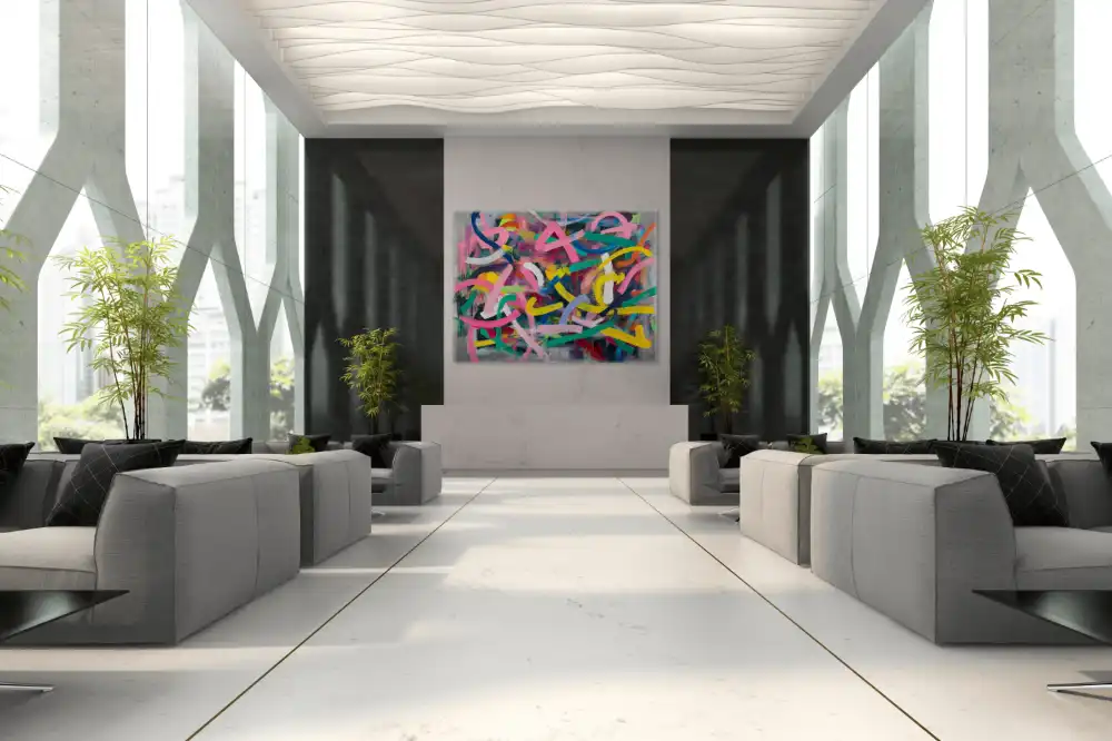 RHAPSODY OF COLOURS - ABSTRACT PAINTING (BAA 118) 8 Abstract painting on canvas with strong colour strokes and grey background.