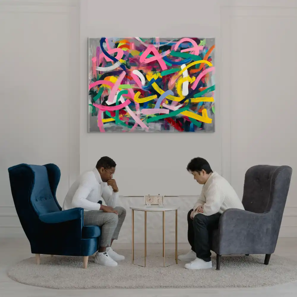 RHAPSODY OF COLOURS - ABSTRACT PAINTING (BAA 118) 2 Abstract painting on canvas with strong colour strokes and grey background.