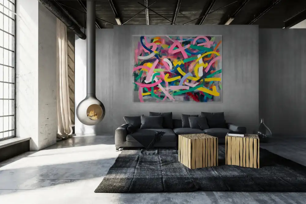 RHAPSODY OF COLOURS - ABSTRACT PAINTING (BAA 118) 9 Abstract painting on canvas with strong colour strokes and grey background.