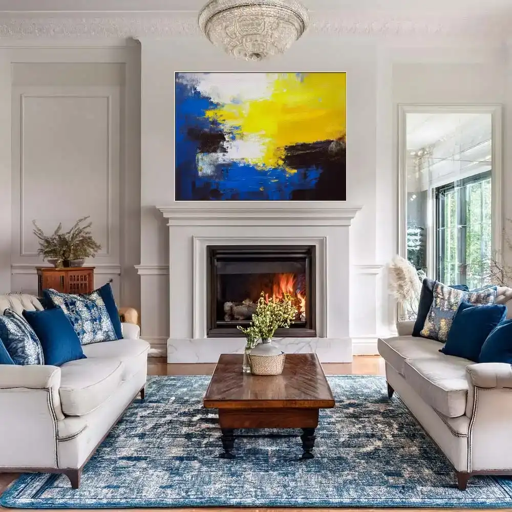 LICHTBLITZ – ABSTRAKTES BILD (BAA 135) 2 Farbmalerei auf Leinwand in Gelb-, Blau- und Schwarztönen mit abstraktem, dynamischem Ausdruck.