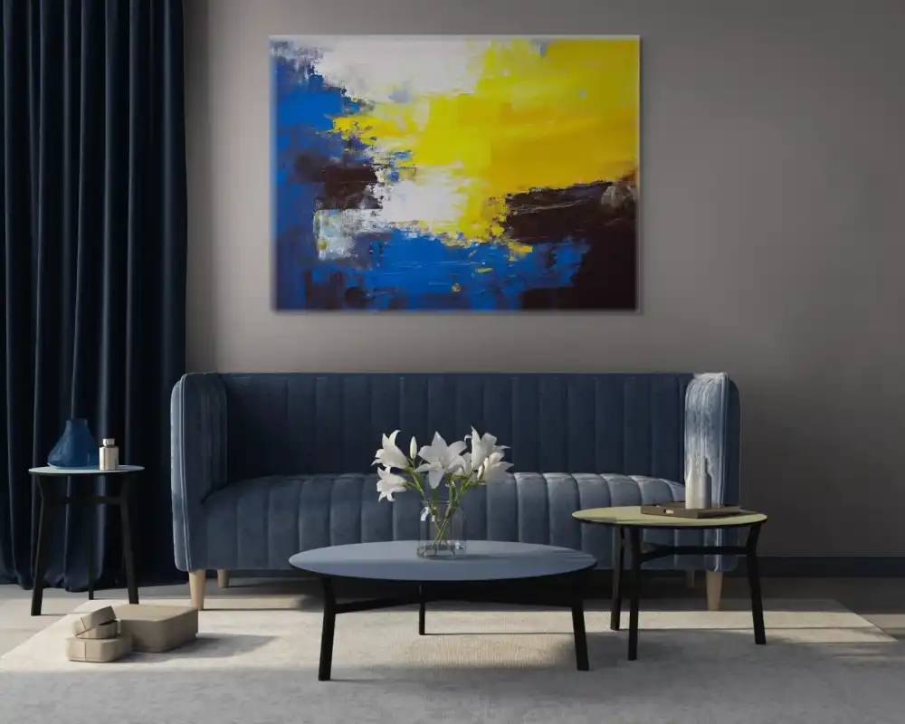 LICHTBLITZ – ABSTRAKTES BILD (BAA 135) 3 Farbmalerei auf Leinwand in Gelb-, Blau- und Schwarztönen mit abstraktem, dynamischem Ausdruck.