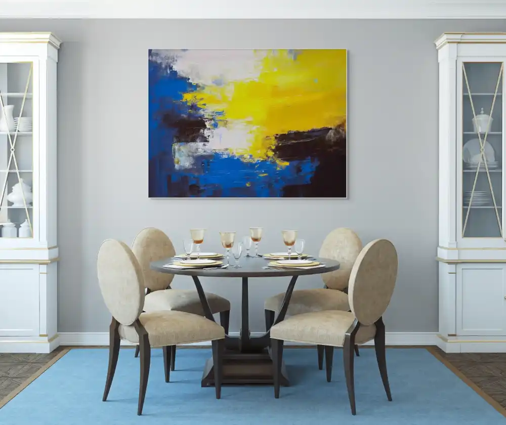 LICHTBLITZ – ABSTRAKTES BILD (BAA 135) 4 Farbmalerei auf Leinwand in Gelb-, Blau- und Schwarztönen mit abstraktem, dynamischem Ausdruck.