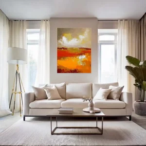 An abstract painting on canvas full of energy with energetic tones of red and orange.