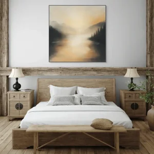 The abstract painting in warm tones captures a misty landscape with reflections of the sun over the calm water.