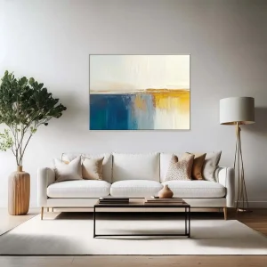 Abstract wall paintings in warm and cool colours create a harmonious composition.