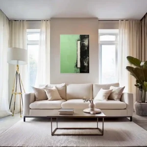 Geometric abstraction in green-black-white combination creates a strong contrast and harmony.