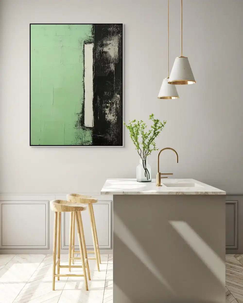 GREEN BLOCK - ABSTRACT PAINTING (BAA 170) 4 Geometric abstraction in green-black-white combination creates a strong contrast and harmony.