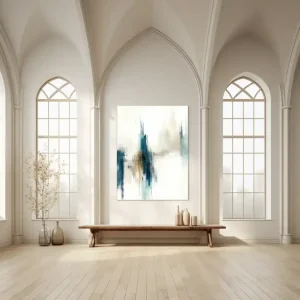 The abstract image with vertical composition creates a strong visual impression thanks to the blue and beige strokes.