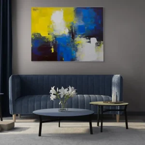 An abstract painting with depth in intense tones of yellow, blue and white with a spatial effect.
