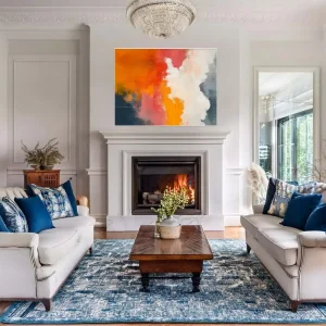 Hand-painted abstract painting colored with intense colors of orange and blue.