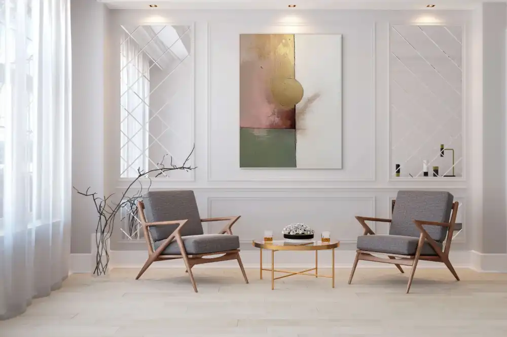 CENTRE OF LIGHT - ABSTRACT PAINTING (CAA 157) 3 Abstract painting with minimalist elements in white, green, pink and gold - CAA 157