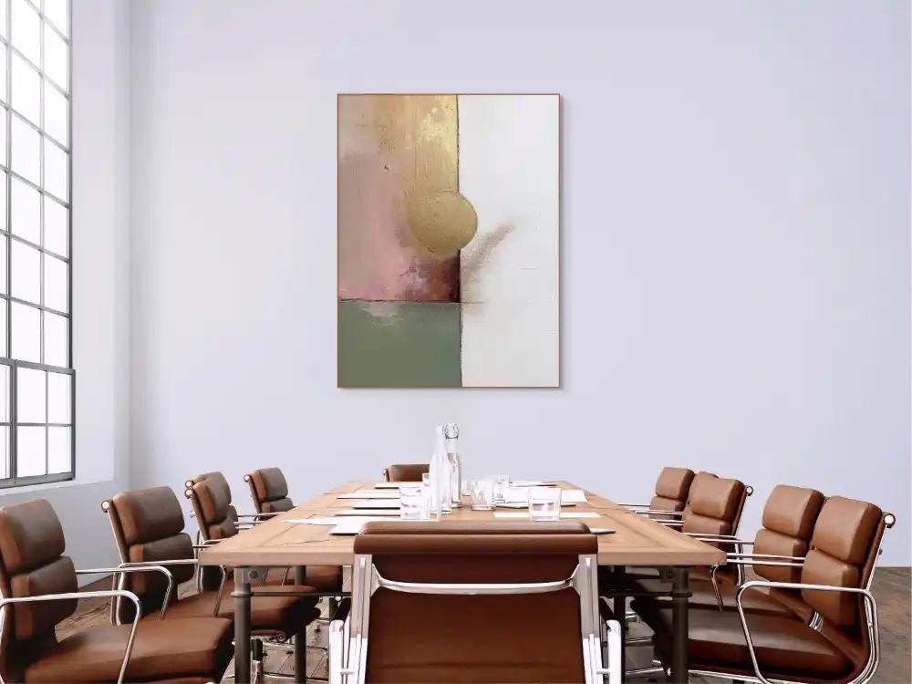 CENTRE OF LIGHT - ABSTRACT PAINTING (CAA 157) 4 Abstract painting with minimalist elements in white, green, pink and gold - CAA 157