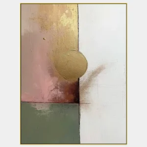 Abstract painting with minimalist elements in white, green, pink and gold - CAA 157