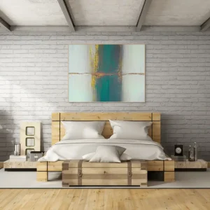 Abstract painting on canvas painted with strong textures and a combination of green and yellow tones.