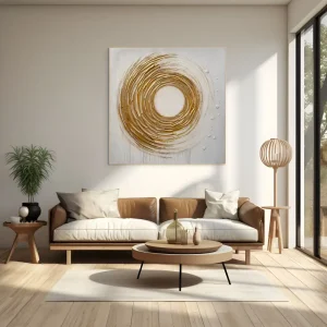 Geometric abstraction with gold texture in a circular composition with fine details.