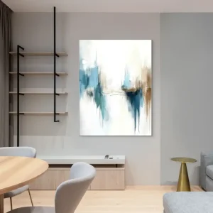 This abstract painting with dynamic composition impresses with vivid blue-beige strokes and strong contrasts.